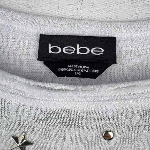 Bebe Womens Stars and Dots Studded White Tee Shirt Sz Large Gauze Fabric Raw Hem - Picture 3 of 8